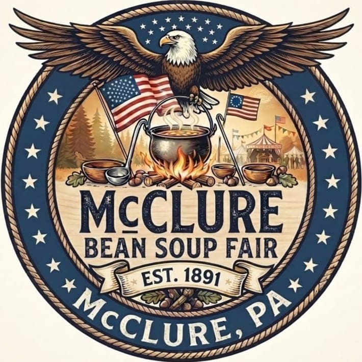 A circular emblem featuring an American eagle, flags, and text that reads "McClure Bean Soup Fair, Est. 1891"